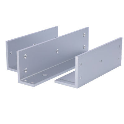 Suporte metálico cinza em formato U com parafusos, sobre fundo branco