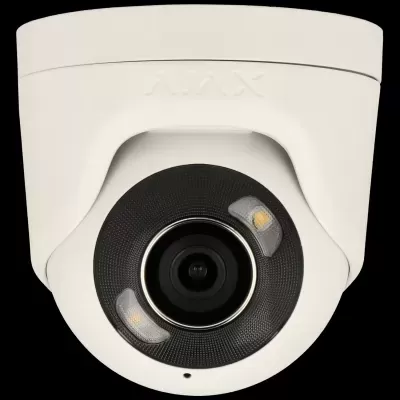 Câmara de vigilância branca com lente preta central e luzes LED