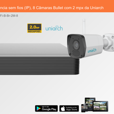 Conjunto de videovigilância IP com 8 câmaras bullet brancas e unidade central preta Uniarch