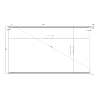 Desenho técnico de um retângulo com várias medidas e linhas