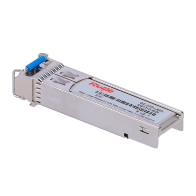 Módulo transceptor óptico metálico prateado com alavanca azul