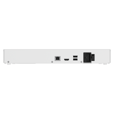 Parte traseira de dispositivo eletrónico branco com várias portas e entrada de alimentação