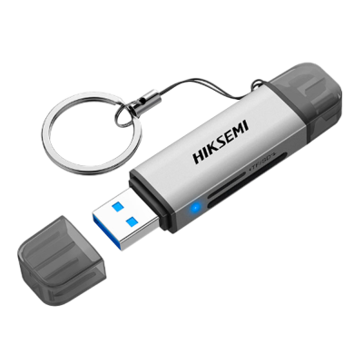 Pen USB prateado com tampa cinzenta translúcida e argola