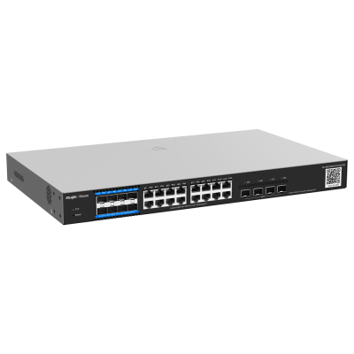 Switch de rede Omron preto com 24 portas Ethernet e 4 portas SFP