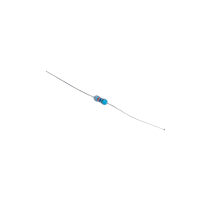 Resistor axial azul com anéis coloridos e fios metálicos