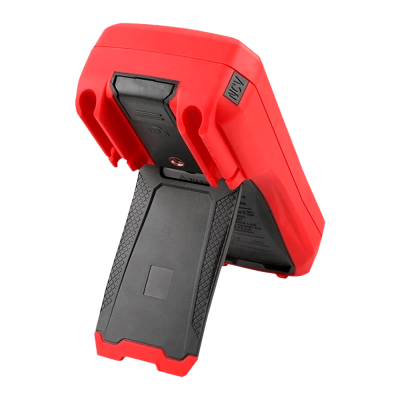 Dispositivo eletrônico vermelho com suporte preto dobrável e etiqueta NCV