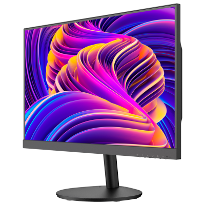 Monitor de computador preto com base redonda e ecrã colorido abstrato