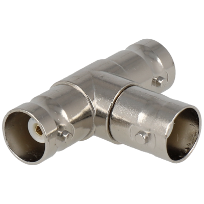 Conector T metálico prateado para cabos coaxiais
