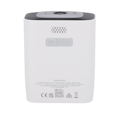 Cubo eletrônico branco com etiqueta SYNC e texto S220 SoloCam.