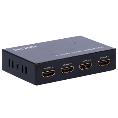 Dispositivo preto metálico 4 PORT HDMI SPLITTER com quatro portas HDMI de saída numeradas
