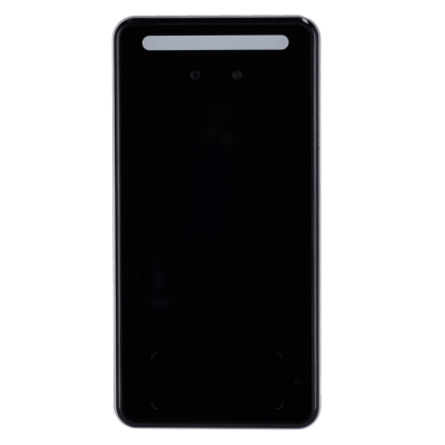 Smartphone preto com moldura prateada e duas câmaras frontais