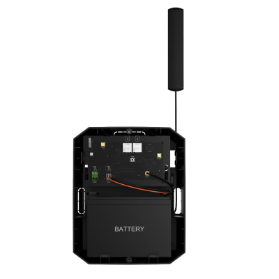 Dispositivo eletrónico preto com bateria rotulada e antena