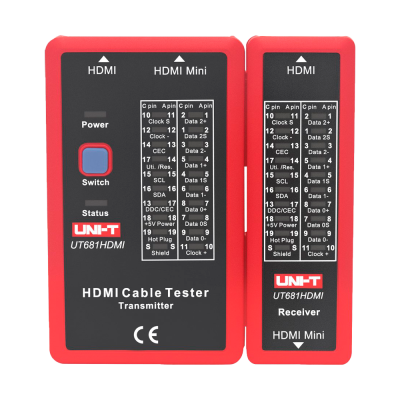 Tester de cabo HDMI UNI-T UT681HDMI com transmissor e receptor em caixa preta e vermelha