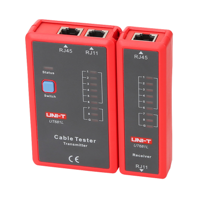 Testador de cabos vermelho e cinza com portas RJ45 e RJ11 e botão azul