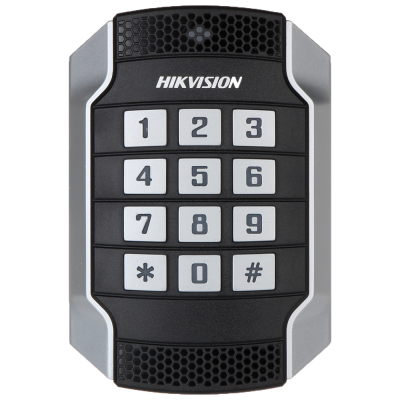 Teclado numérico eletrónico HIKVISION cinza e preto com número e símbolos.
