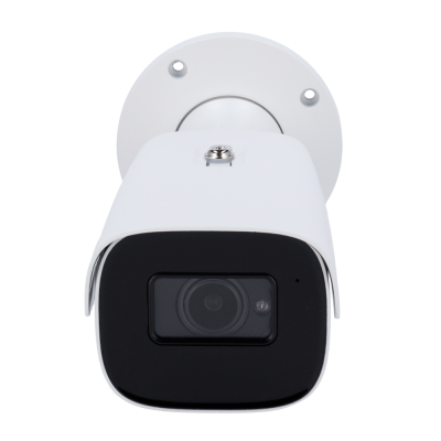 Câmara de segurança de exterior branca com lente preta e suporte redondo branco.