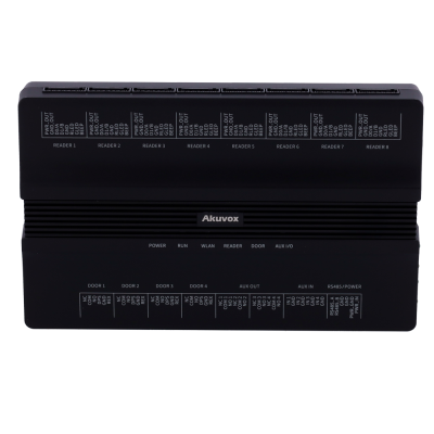 Unidade de controlo preta Akuvox com ligações etiquetadas
