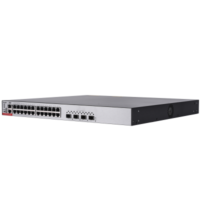 Switch de rede industrial preto e prateado com múltiplas portas