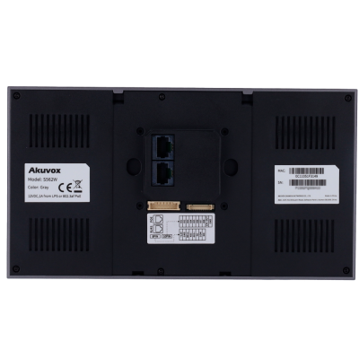 Painel eletrônico preto Akuvox S562W com portas RJ45 e etiquetas