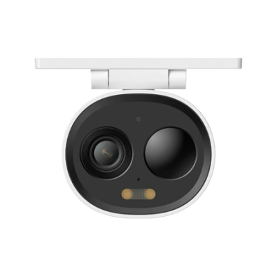 Câmara de segurança branca e preta com lente, sensor e luz LED montada numa base branca
