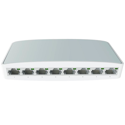 Switch de rede branco com oito portas Ethernet e LED verde