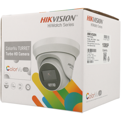 Caixa branca de câmara de segurança Hikvision ColorVu TURRET Turbo HD Camera com texto e ícones coloridos