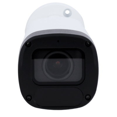 Câmara de segurança branca com lente e parafusos pretos