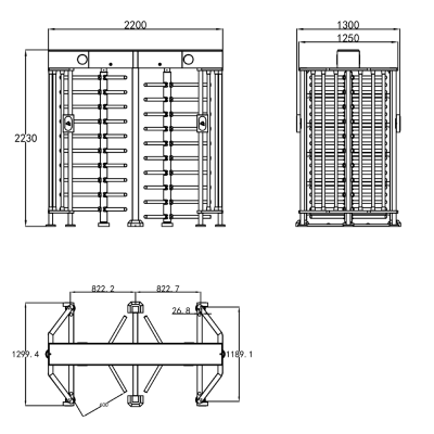 Desenho técnico de catraca tubular dupla com dimensões e barras rotativas