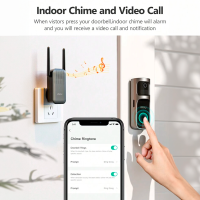 Campainha inteligente Imou com botão iluminado e receptor de tomada com telemóvel mostrando configurações