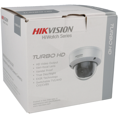 Caixa do produto HIKVISION HiWatch Series com imagem da câmara de vigilância dome cinzenta