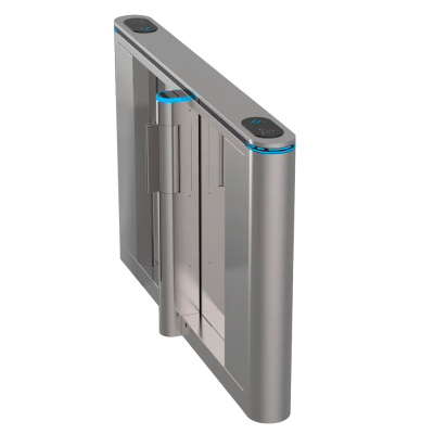 Passadeira automática de controlo de acesso em aço inoxidável com painéis de vidro transparentes e iluminação LED azul.