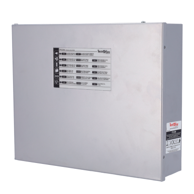 Caixa metálica cinza com etiquetas de texto e logotipo Tecnofire