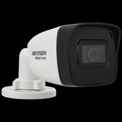 Câmara de vigilância Hikvision HiWatch Series branca e preta com suporte redondo branco.