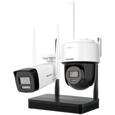 Conjunto de câmaras de segurança Hikvision branco e preto com antenas e base preta