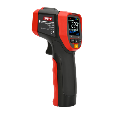 Termómetro infravermelho preto e vermelho com visor LCD e botões