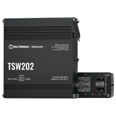 Dispositivo de rede preto Teltonika TSW202 com portas de rede e texto branco