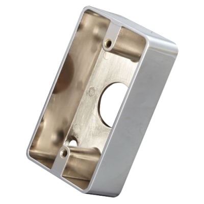 Caixa elétrica metálica prateada com orifício central e parafusos