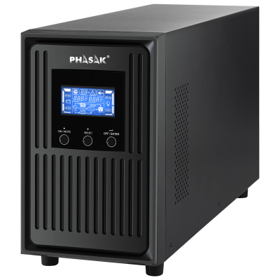 Nobreak preto Phasak com ecrã digital azul e botões frontais