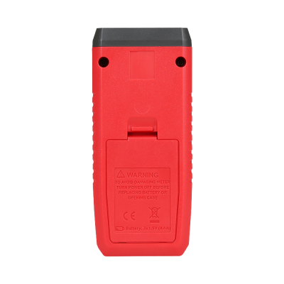Dispositivo eletrônico vermelho visto de trás com tampa da bateria e etiqueta de aviso