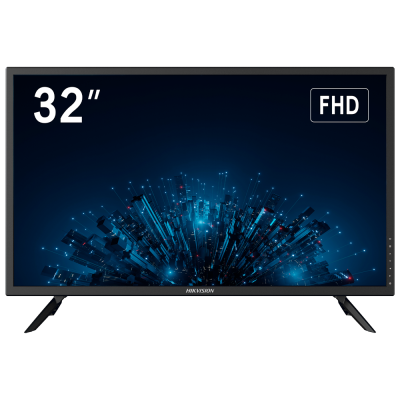 Televisor de 32 polegadas FHD, ecrã preto mostrando imagem abstrata azul
