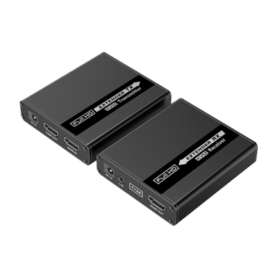 Dispositivos eletrónicos pretos KVM Transmitter e Receiver com entradas HDMI e áudio