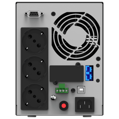 Parte traseira de equipamento eletrônico com tomadas, ventoinha e conectores.