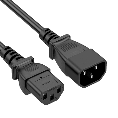 Cabo de alimentação preto com conectores macho e fêmea em fundo branco