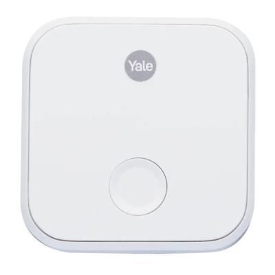 Dispositivo quadrado branco com bote3o e logo Yale