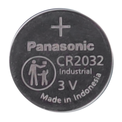 Pilha botão Panasonic CR2032 prateada com texto e símbolo de aviso