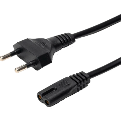 Cabo de alimentação preto com ficha dois pinos e conector dois pinos.
