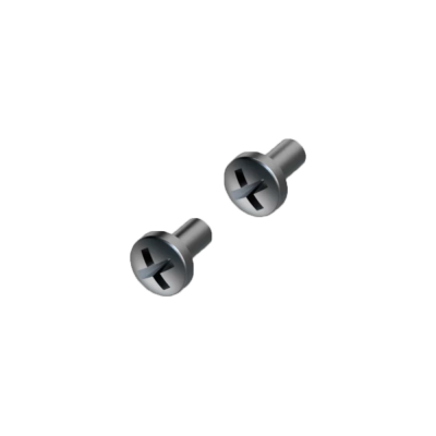 Dois parafusos metálicos prateados com cabeça de cruz num fundo preto