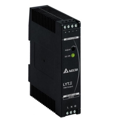 Fonte de alimentação Delta LYTE preta 75W com luz indicadora verde e terminais elétricos