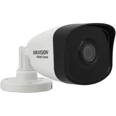 Câmara de segurança Hikvision branca e preta com lente visível e suporte de fixação ajustável