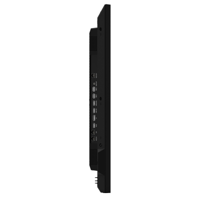 Monitor preto visto de lado com várias portas e etiquetas